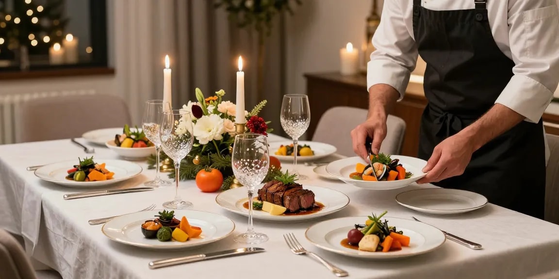 Eleganta varmrätter till nyår på en vackert dukad middag med festliga dekorationer.