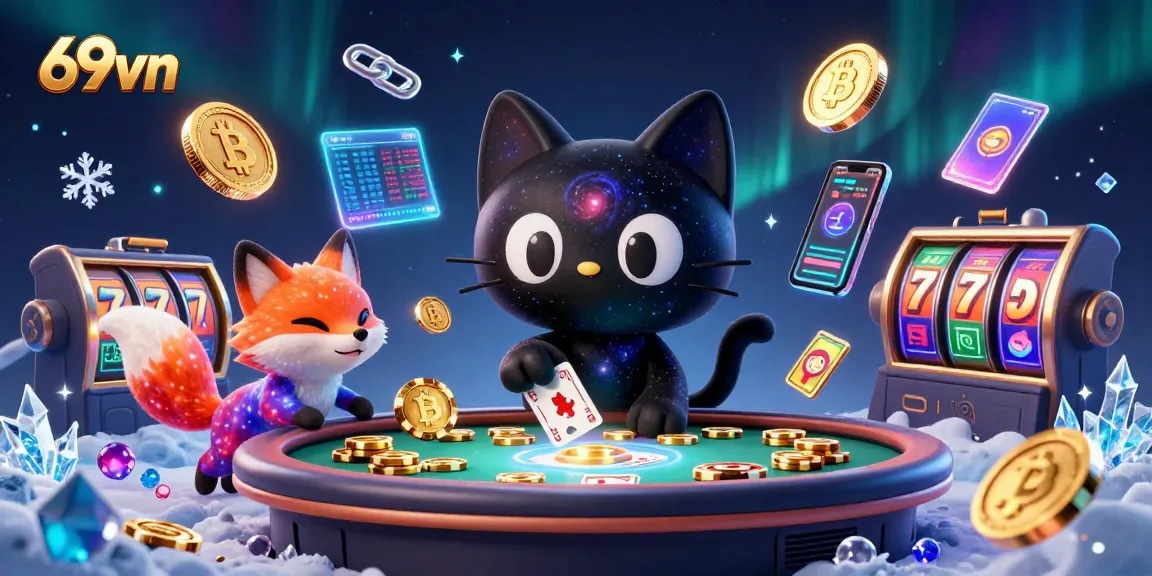Engage in thrilling casino action with 69vn as the black hole cat and nebula fox meet vibrant slot elements.