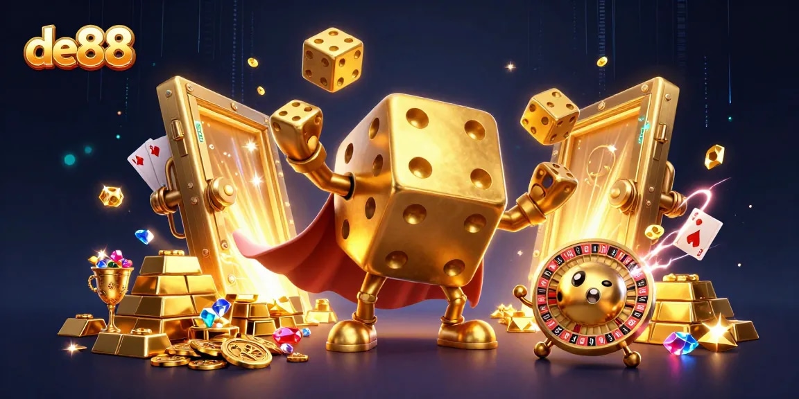 Engage with de88's golden dice golem amidst a vibrant casino extravaganza of jewels and treasures.