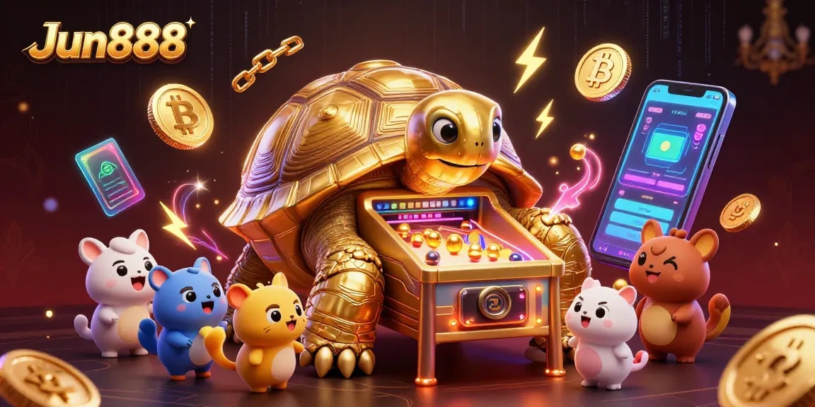 Experience the thrilling fun of Jun888 with a golden tortoise pinball machine and crypto coins.