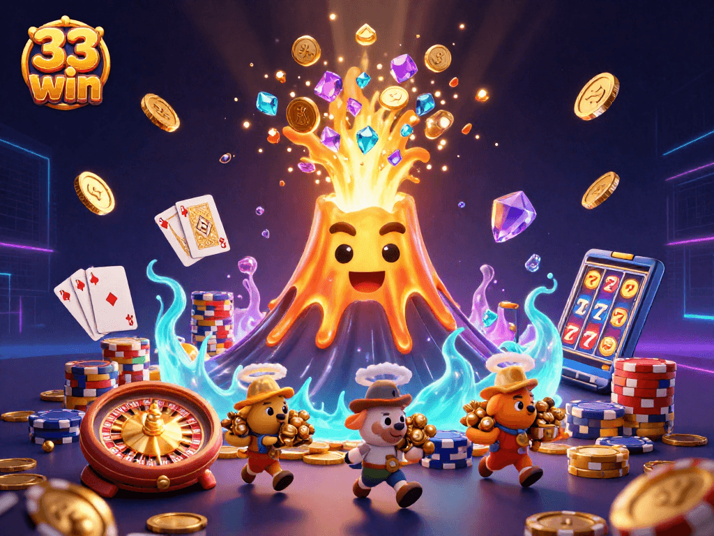 Experience vibrant wins with 33 win: An energetic scene of a golden volcano erupting treasures in a casino environment.