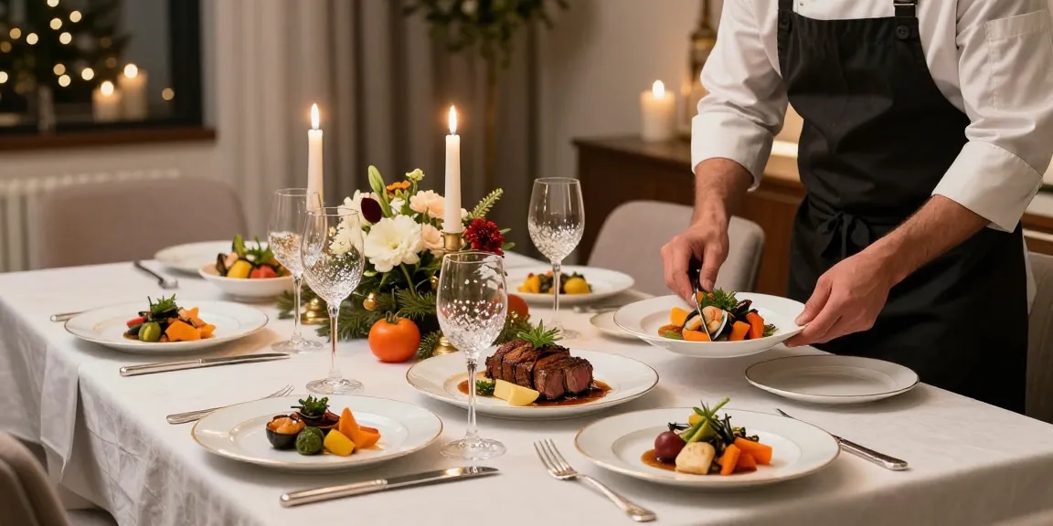 Eleganta varmrätter till nyår på en vackert dukad middag med festliga dekorationer.