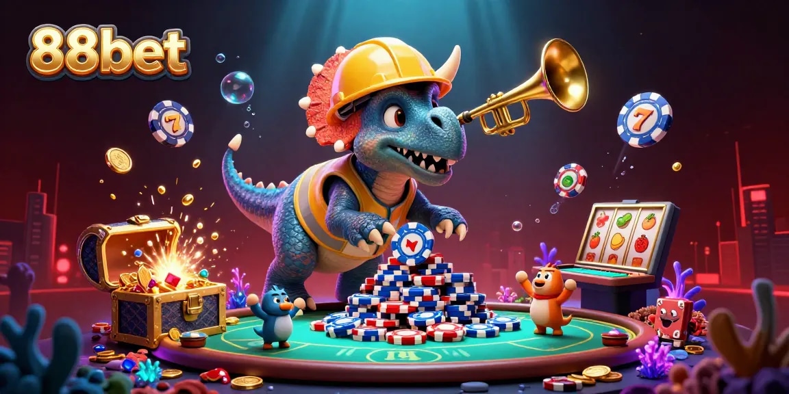 88bet showcases an exciting casino scene with a fun triceratops and themed gaming elements.