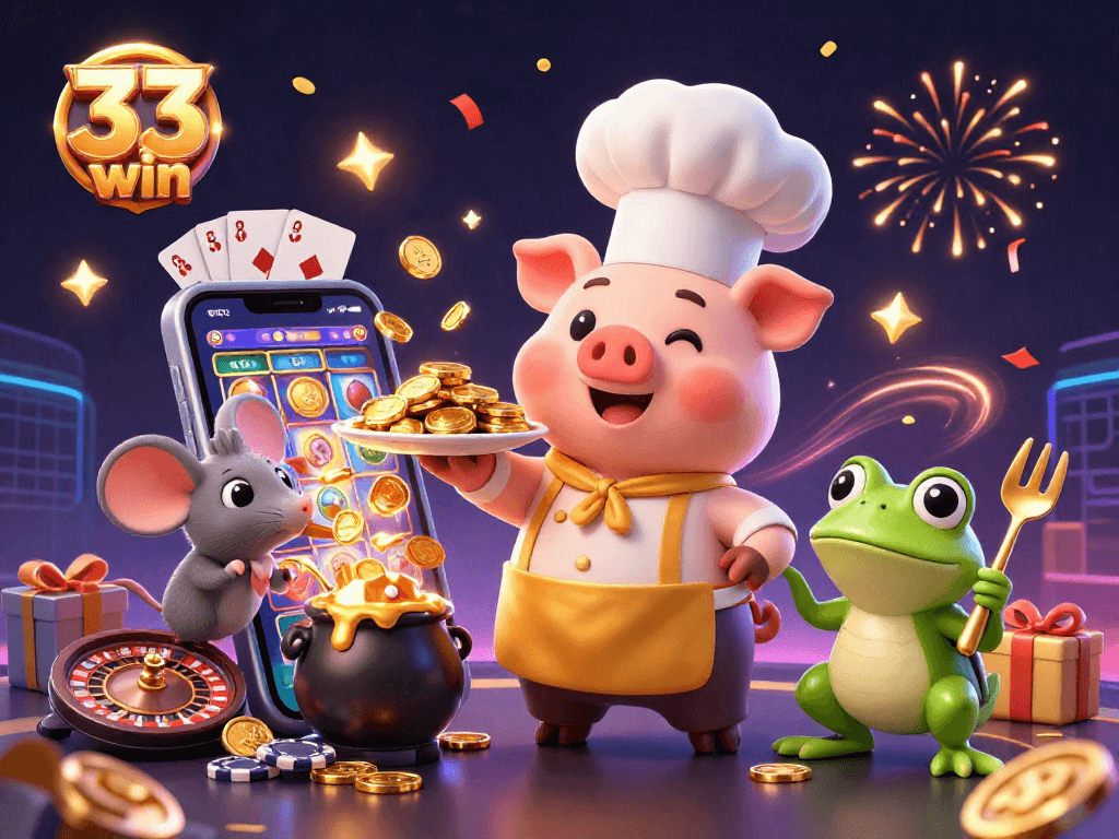 Experience exciting wins with 33 win in this vibrant 3D casino scene featuring gold coins and celebratory effects.