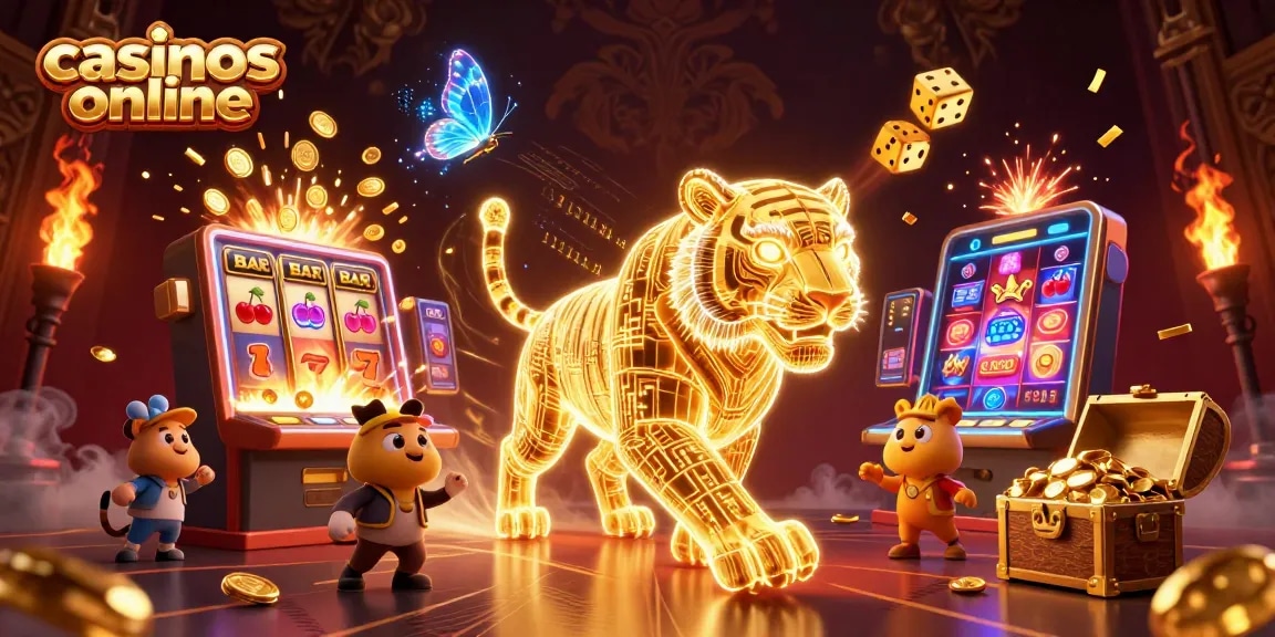 Experience the thrill of casinos online with a golden tiger amidst jackpot-winning excitement in a vibrant 3D casino.