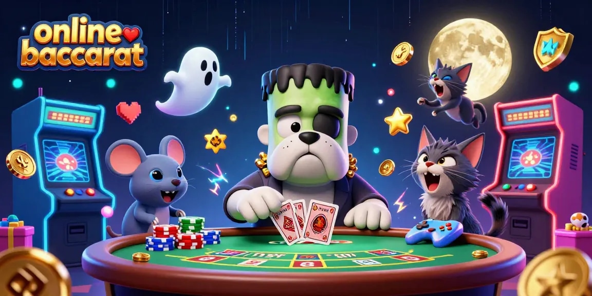 Engage with online baccarat alongside a Frankenstein bulldog dealer and a ghostly mouse in a vibrant casino scene.