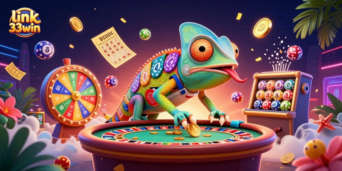Engage with link 33win as colorful lottery elements and a chameleon casino owner create a lively gaming atmosphere.