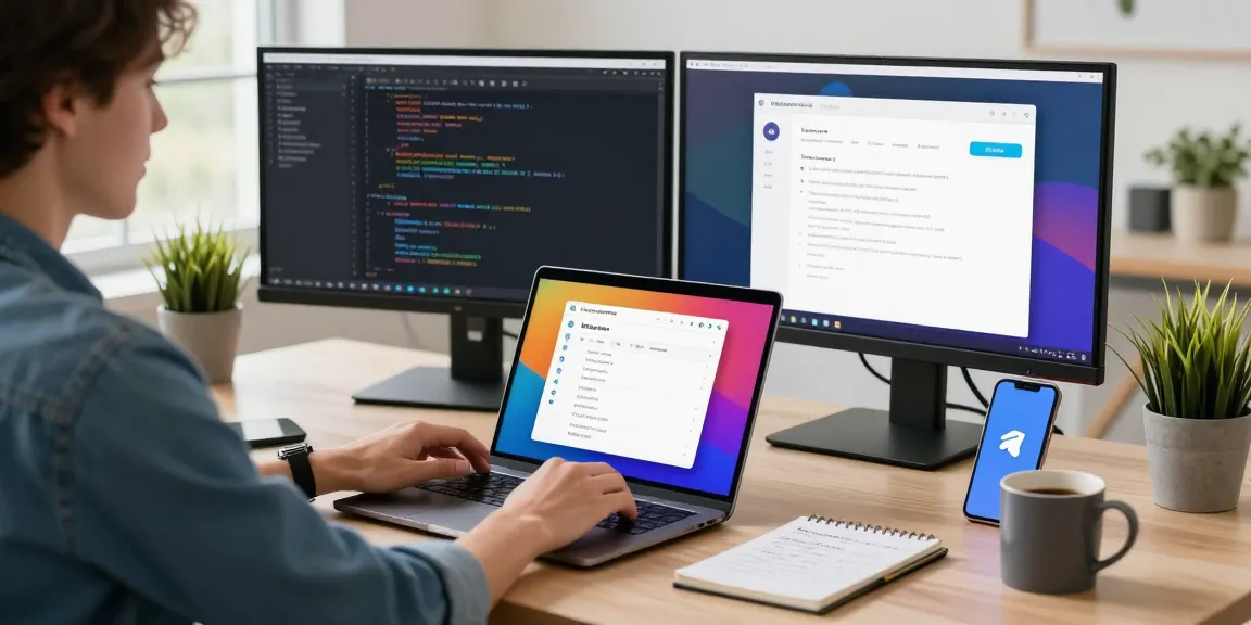 Customizing Telegram Chinese settings in a modern tech workspace with dual monitors and a laptop displaying the app interface.