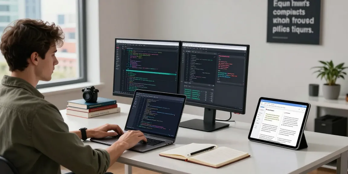 Developer coding at a modern desk on the WPS Official Website, showcasing innovative workspace elements with dual monitors and ambient lighting.