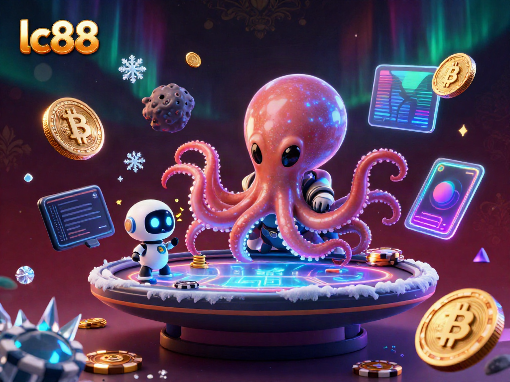 Engage with lc88's vibrant gaming universe featuring an alien octopus at a holographic poker table surrounded by cryptocurrency.
