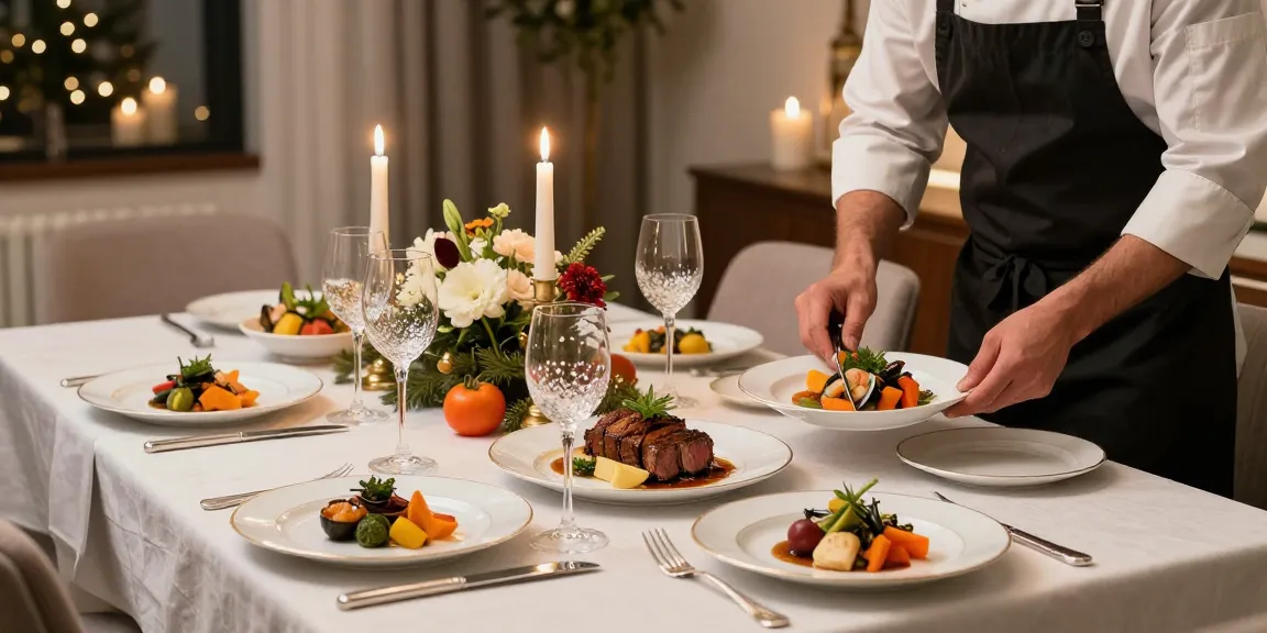 Eleganta varmrätter till nyår på en vackert dukad middag med festliga dekorationer.