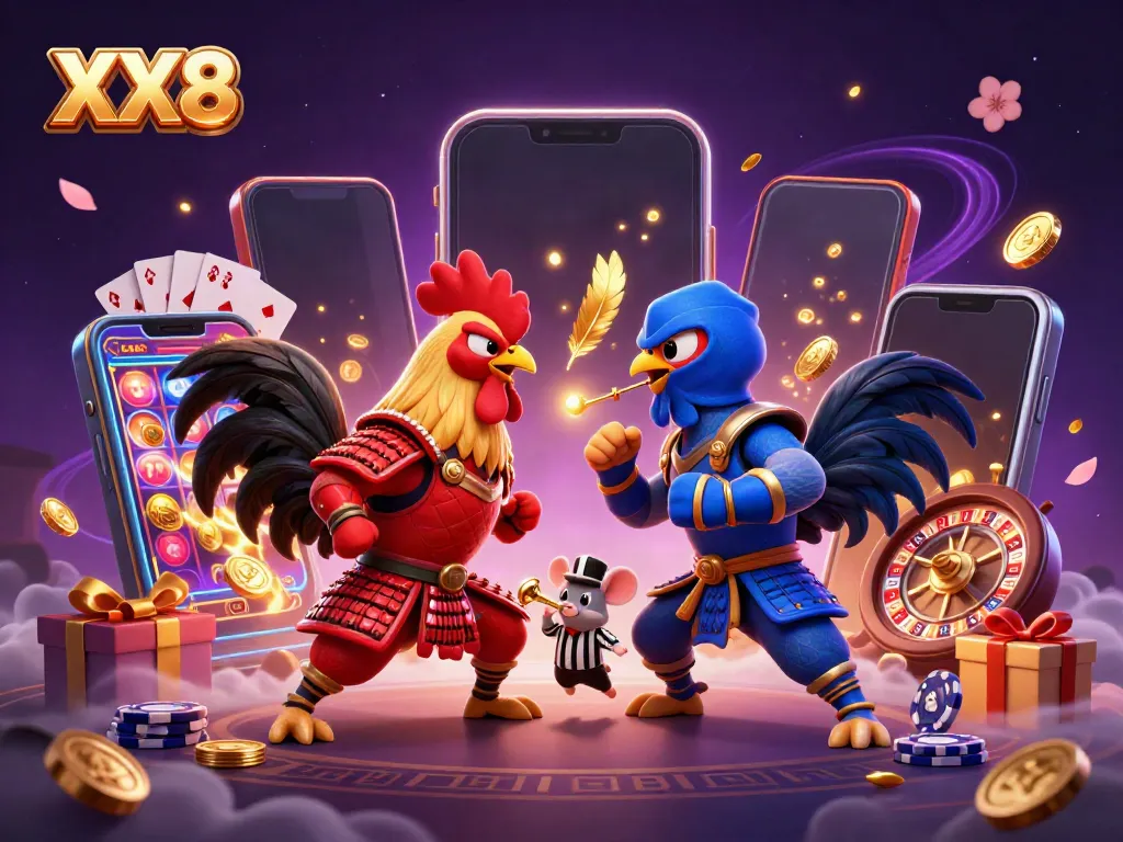 Engaging scene of twin roosters in dramatic standoff with casino gaming elements, XX8 excitement.