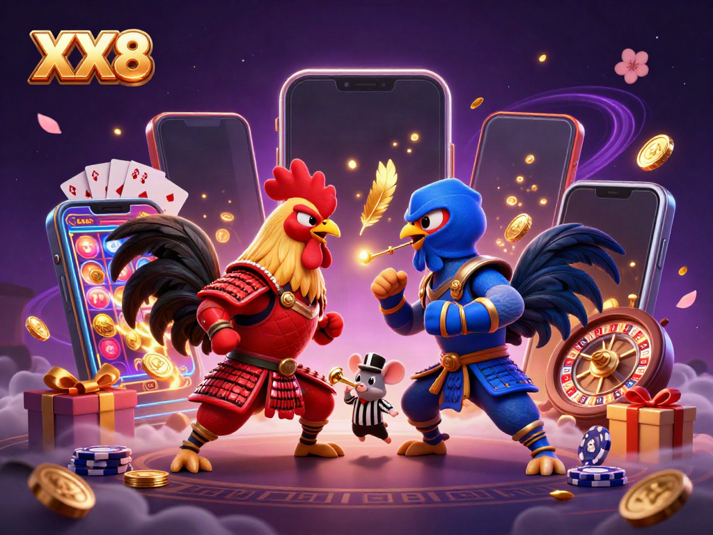 Engaging scene of twin roosters in dramatic standoff with casino gaming elements, XX8 excitement.