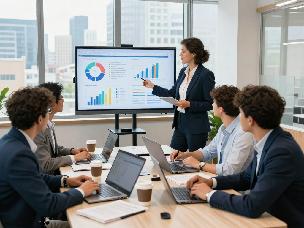 Företagslån diskussion i ett modernt kontor med teammedlemmar som presenterar finansstrategier.