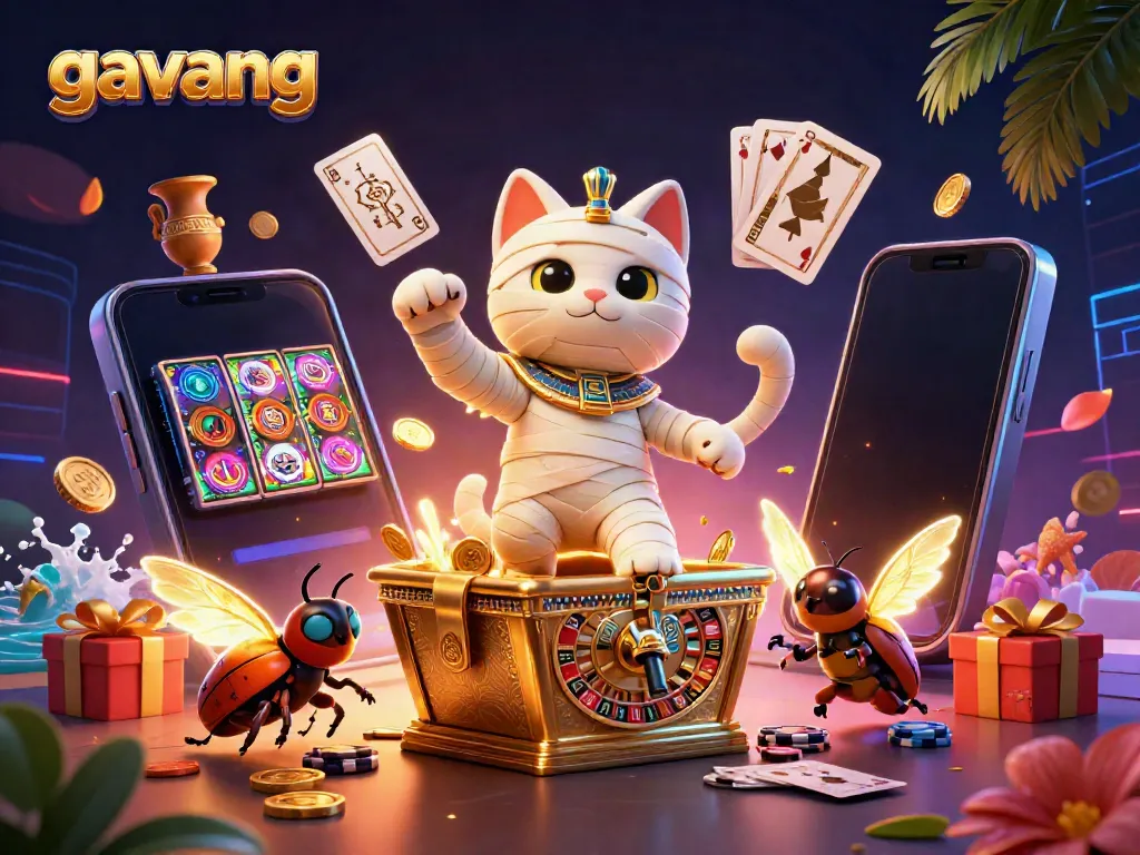 Engage with the exciting gaming action of gavang as a mummy cat bursts from a sarcophagus amid a vibrant casino scene.