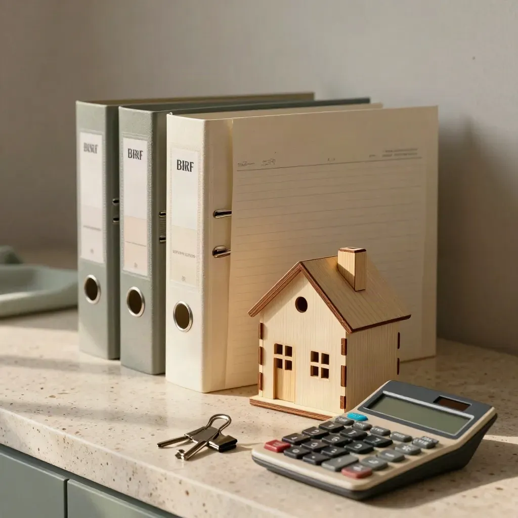 Budgetpärmar, trämodell av hus och stängd räknedosa på travertin i snett sidljus.