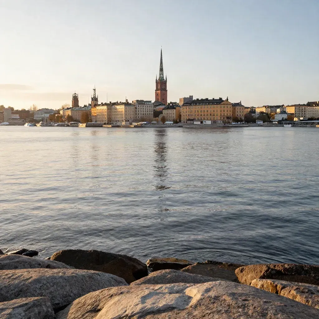 Stockholms silhuett i gyllene skymning över stilla vatten och skärgårdsklippor
