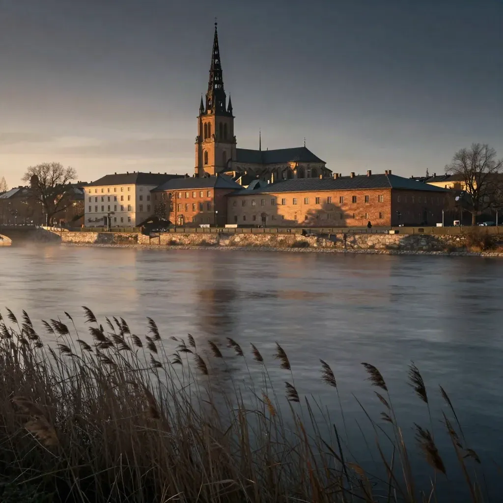 Uppsala domkyrkas torn över Fyrisån i varm kvällshaze.