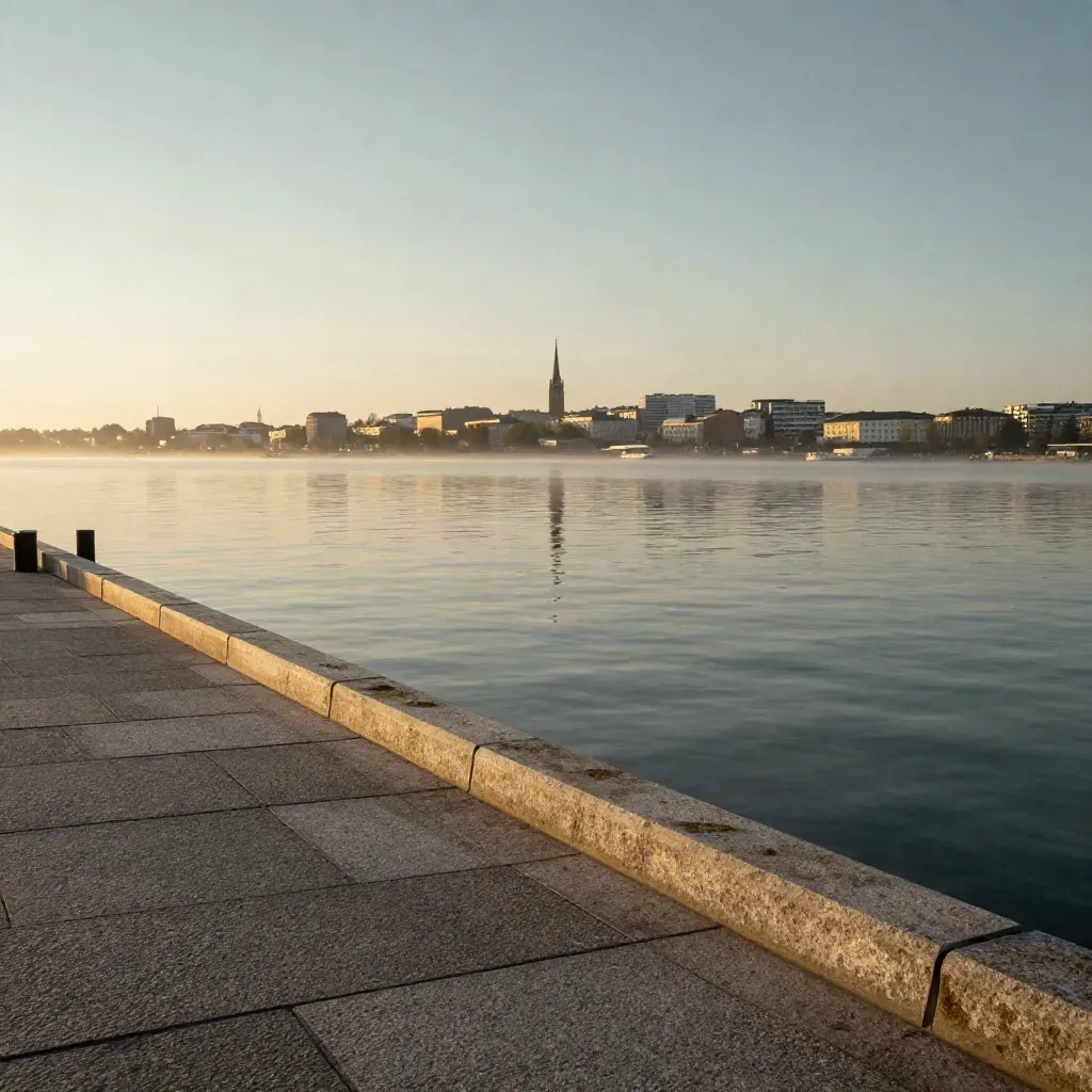 Västerås skyline över Mälarens stilla vatten och granitkajer i kvällsdimma