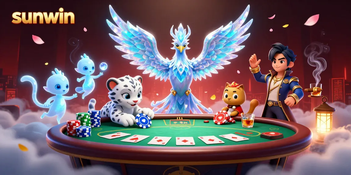 Experience thrilling gameplay at sunwin with a vibrant casino scene featuring an ice phoenix, poker chips, and community cards.