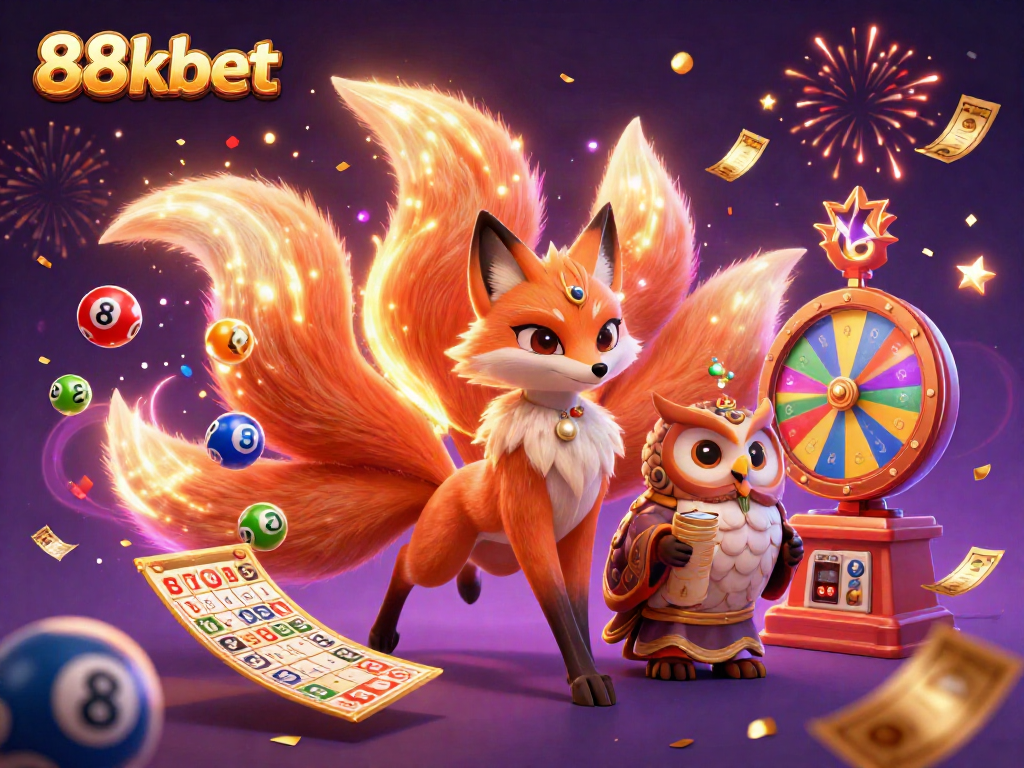 Experience the vibrant rewards and excitement of 88kbet in this colorful lottery-themed digital scene.