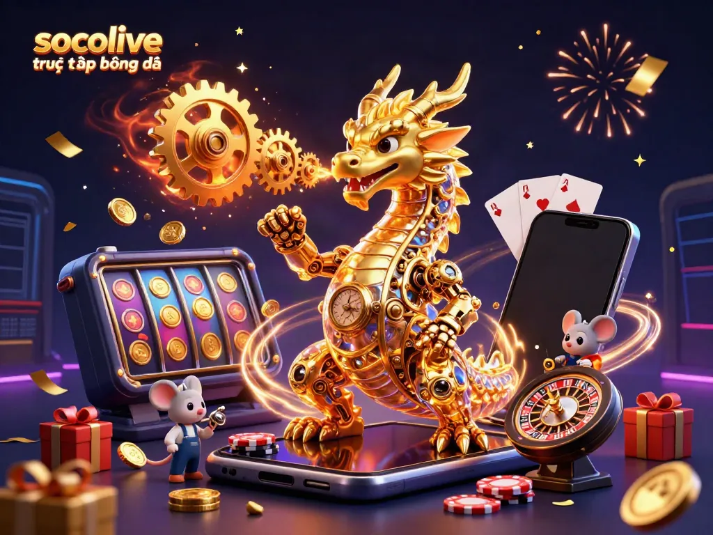 Socolive trực tiếp bóng đá showcases a golden dragon amid gaming elements, symbolizing exciting betting adventures.