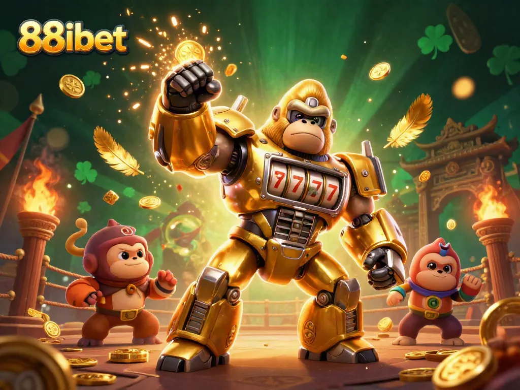 Experience 88ibet's thrilling gaming action with a golden gorilla mech celebrating big wins in a vibrant casino.