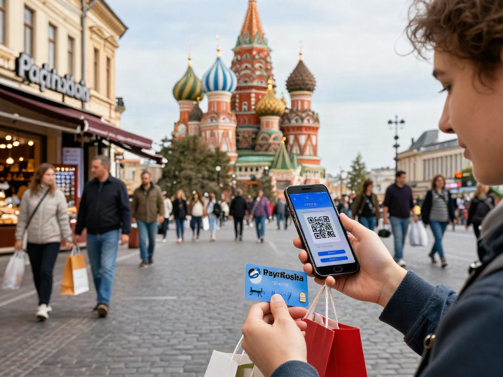 El uso de https://payinrussia.com/ para pagos en Rusia, en un vibrante centro urbano.