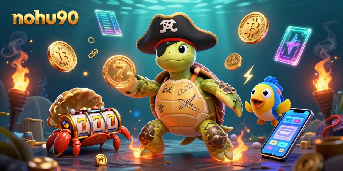 Nohu90 slots scene with a pirate turtle, crab, and parrotfish amid vibrant gold and crypto elements.
