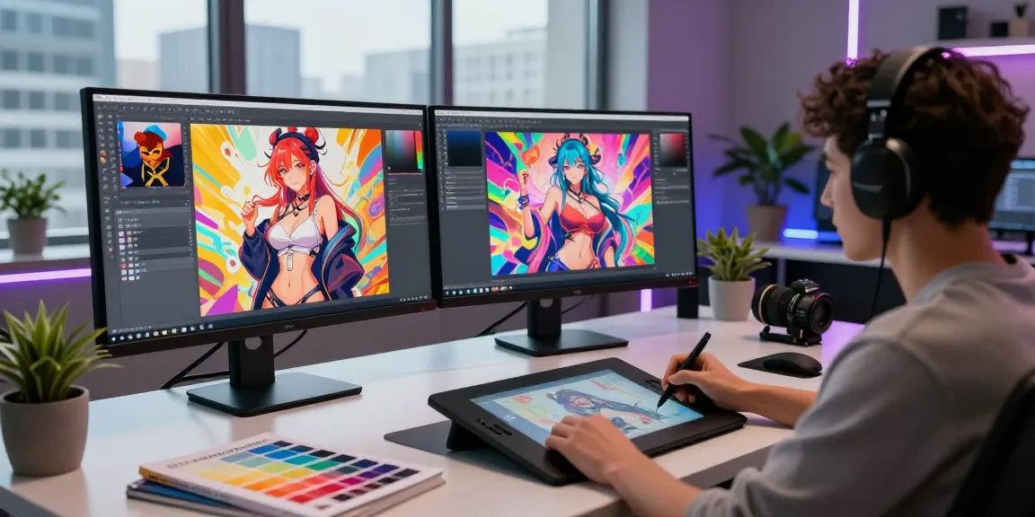 A graphic artist creating AI hentai illustrations in a vibrant digital art studio.