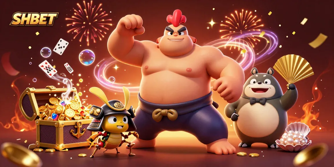 Engage with thrilling SHBET casino games, featuring a dynamic 3D illustration of gaming characters and treasures.