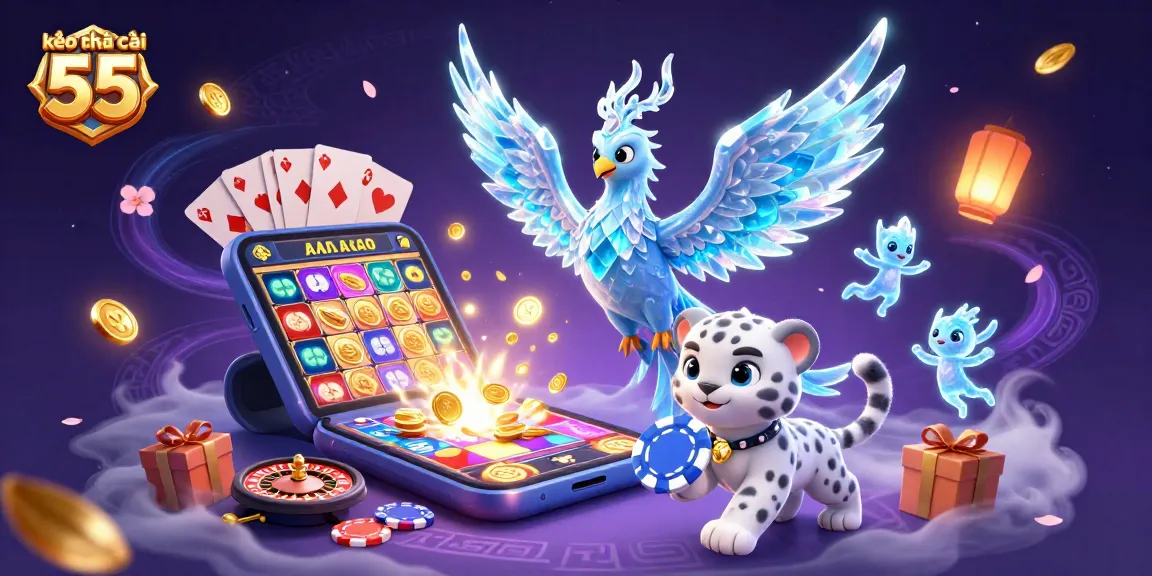 Engage with kèo nhà cái 55 through a vibrant 3D digital casino illustration featuring various gaming elements.
