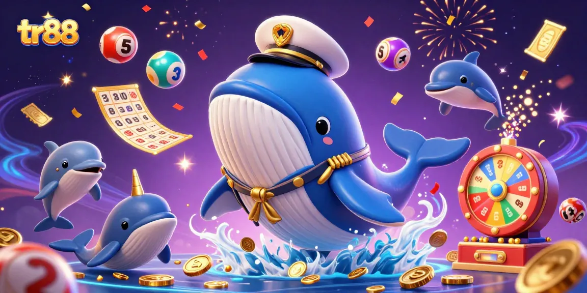 Win big at tr88 with an adventurous whale breaching through coins, surrounded by exciting gaming elements.