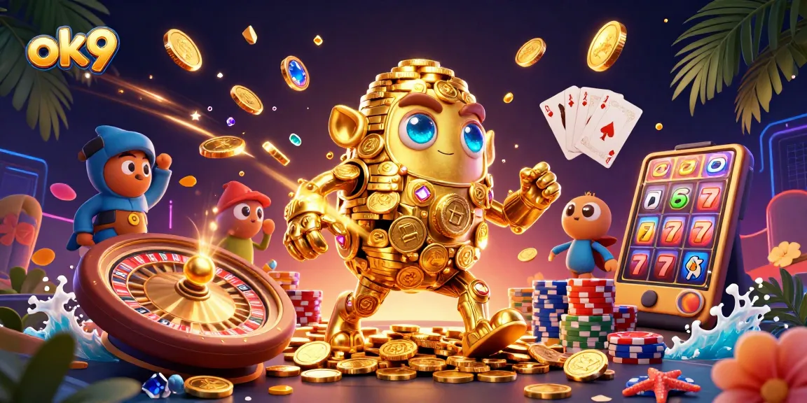 Experience thrilling gaming action at ok9 with the dynamic golden golem and dazzling casino elements.