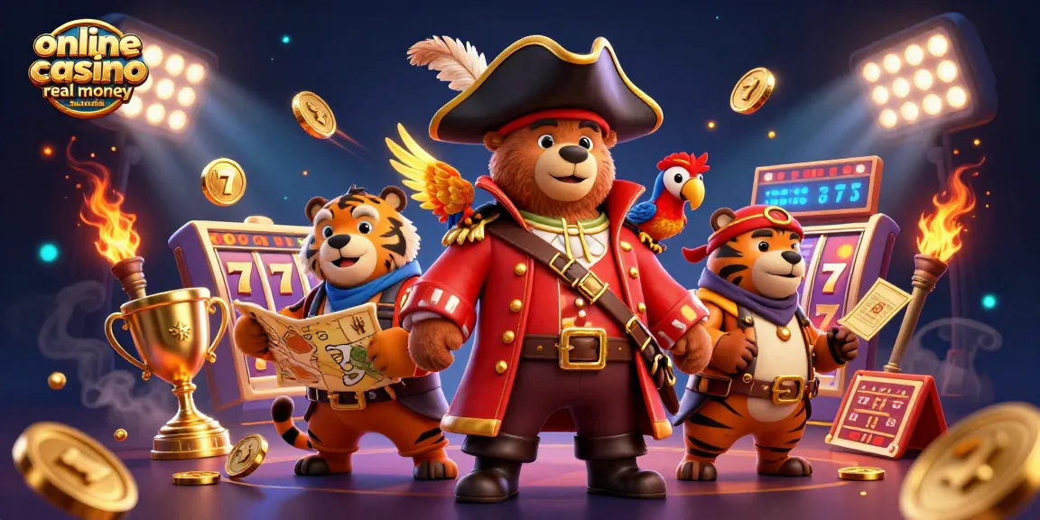 Online casino real money australia features a pirate bear and tiger exploring rich gaming treasures.